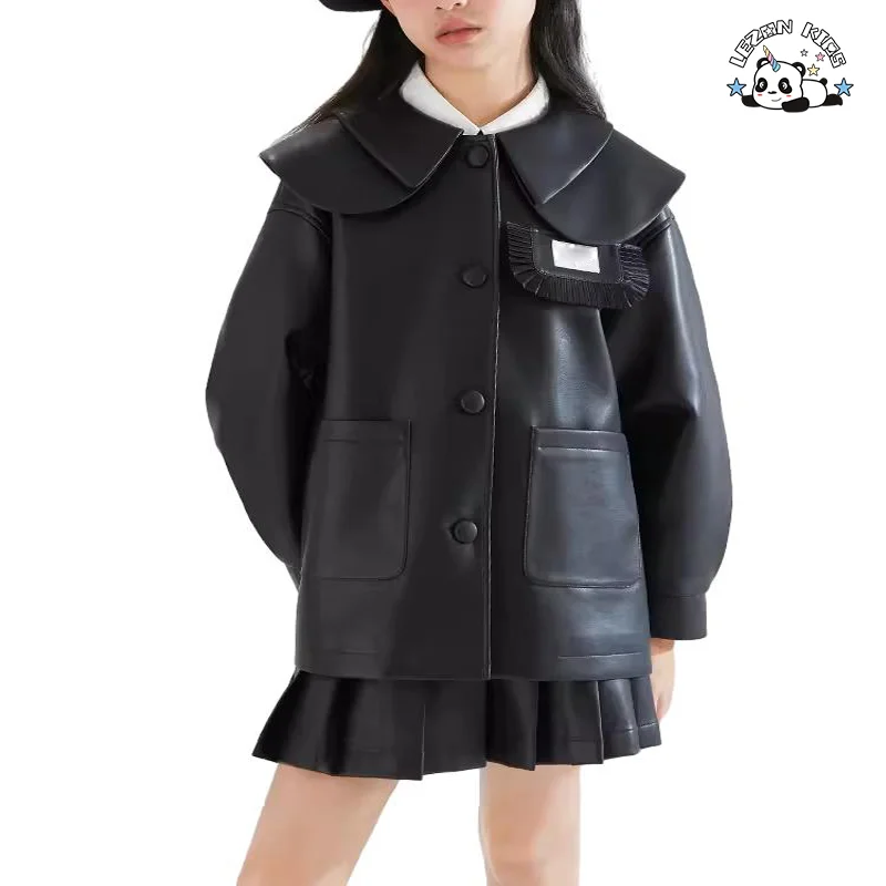 LEZONKIDS - Conjunto de couro de gola de boneca de alta qualidade para meninas, conjunto de saia de couro plissada de duas peças